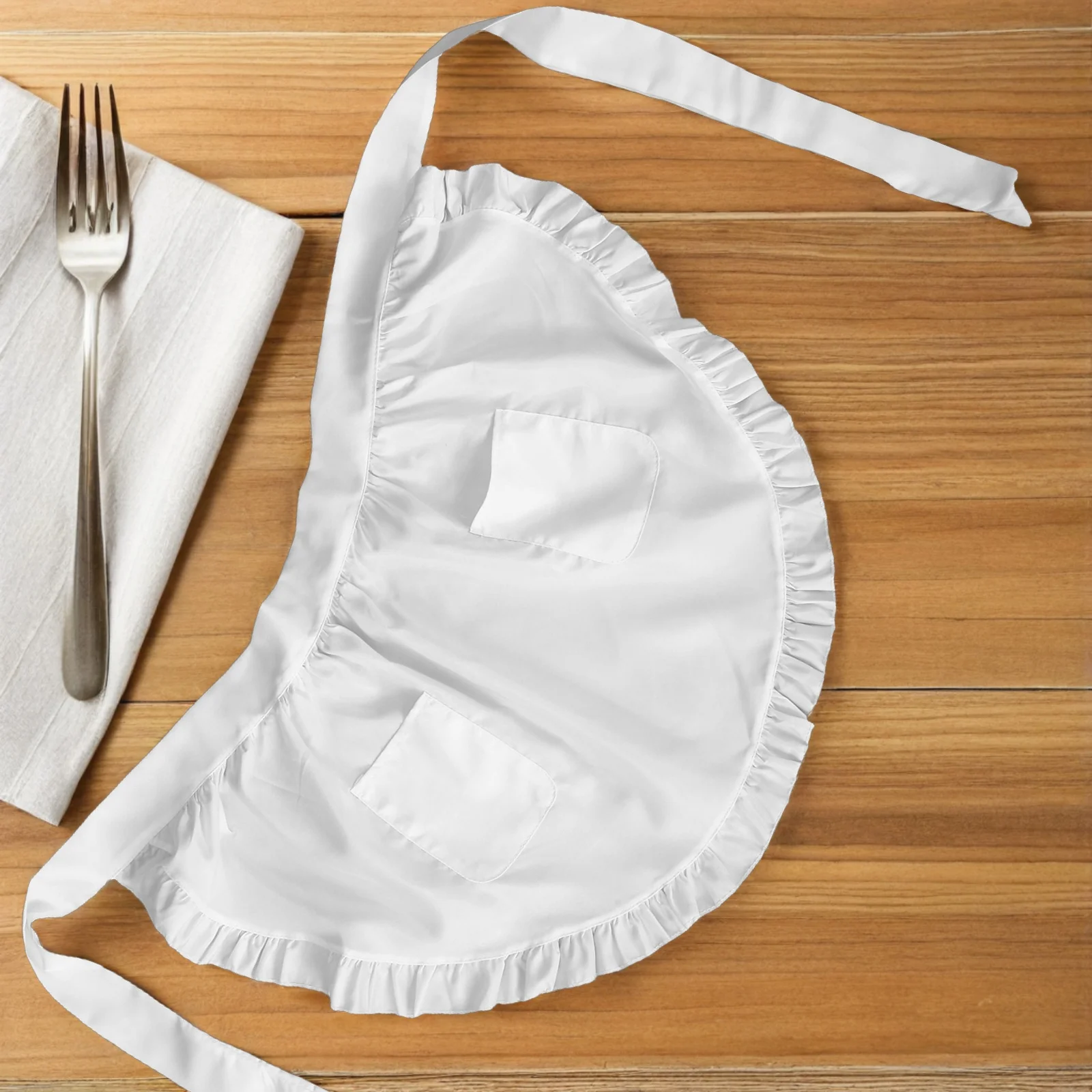 

Double Pocket Kitchen Apron for Women Ruffled White Halflength Waist Aprons Easy Clean Professional Chef Restaurant Use