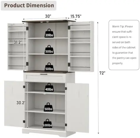 72'' Kitchen Storage Pantry Cabinet, Tall Storage Cabinet with 8 Door Shelves, 2 Cabinets and 1 Drawer, Freestanding