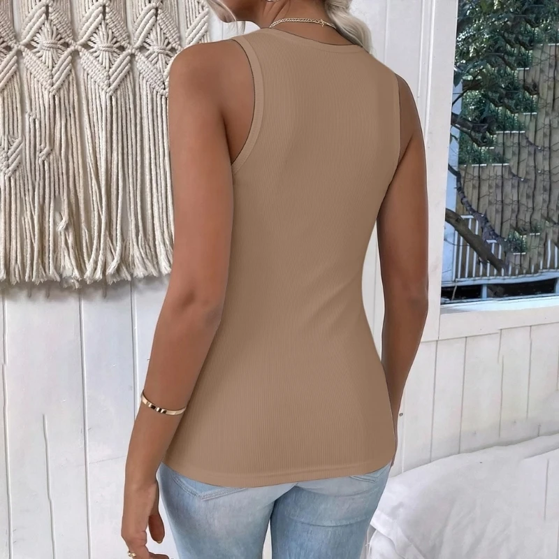 HX6F Women's Sleeveless Top Form Fitting Neck Ribbed Knit Basic Cami Shirts
