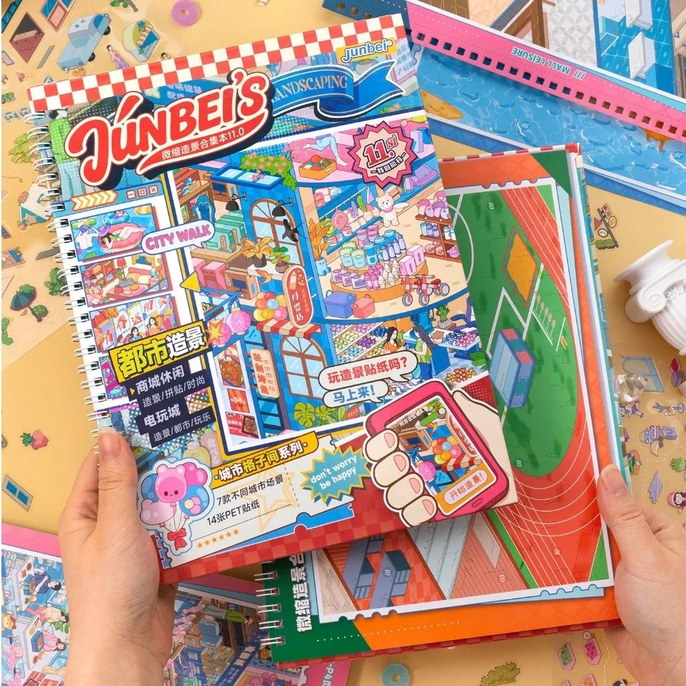 Cute Miniature Scene Sticker PET Die Cut Sports Day Market Camping Scenery Sticker Book 8 Scenes Stacking Sticker Children Gifts
