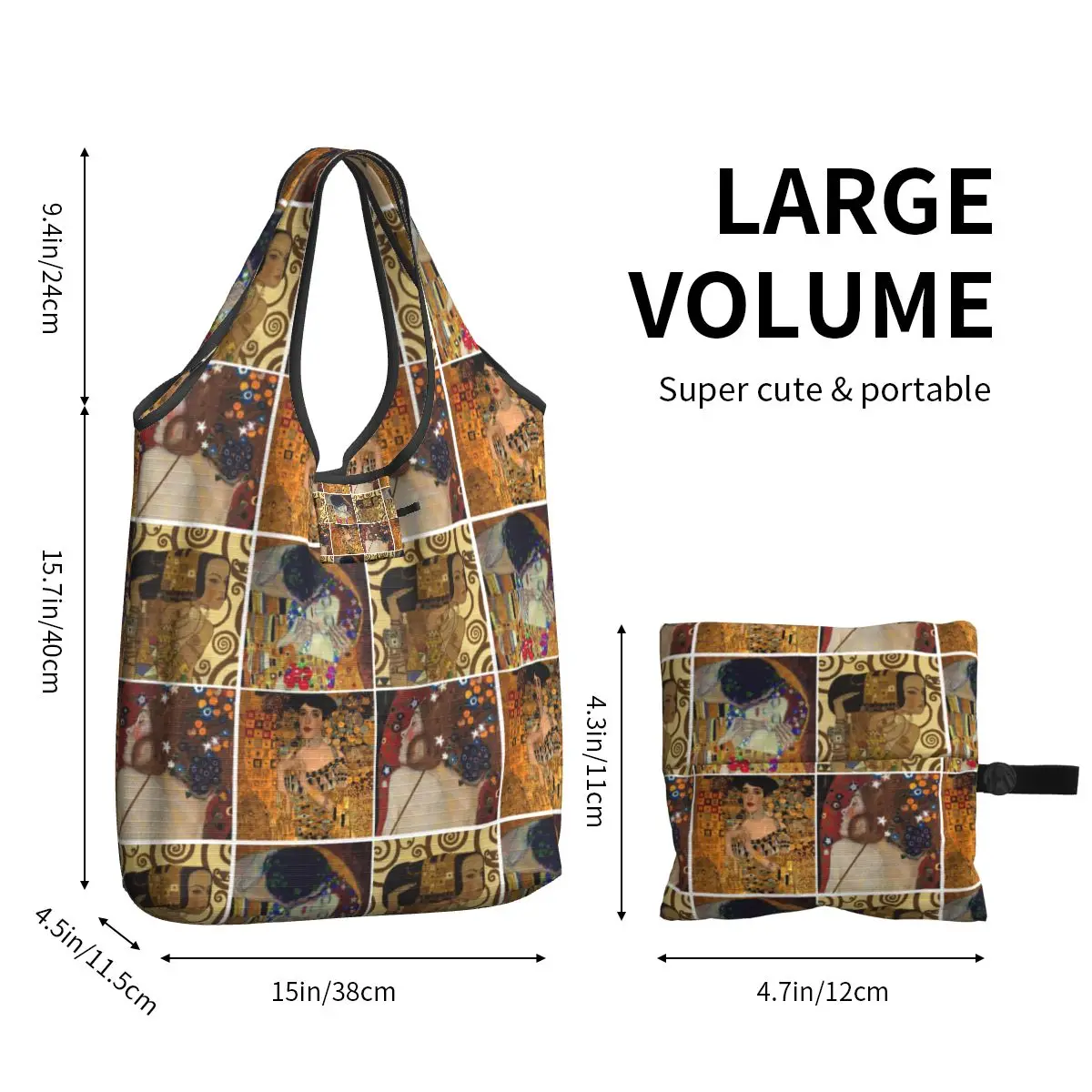 GustAbility-Sacs d'épicerie réutilisables Klimt Art, sac à soupe Ripstop écologique, arbre de vie, sac pliable, capacité de poids de 50lb, le baiser