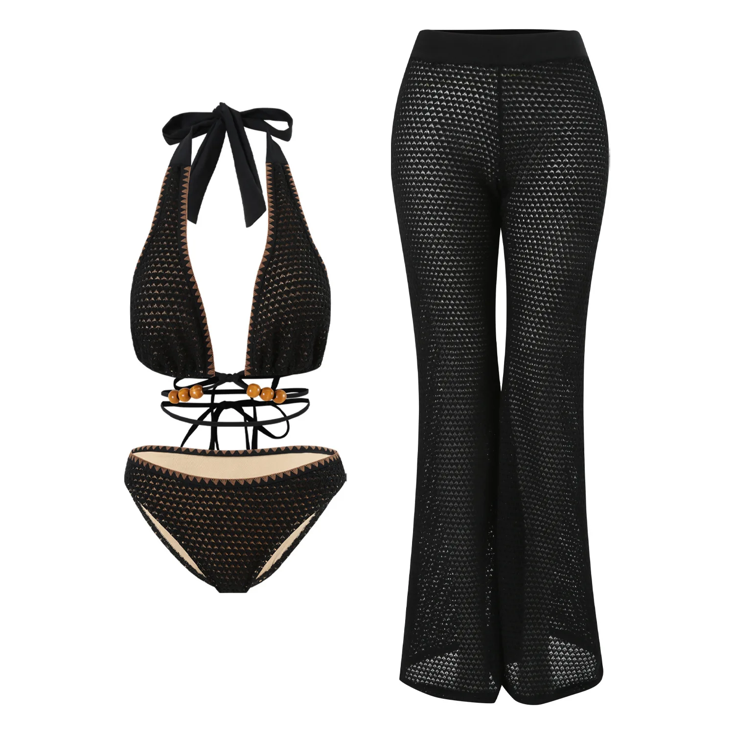 

Three Piece Bikini Set With Pants 2025 New Black Knitted Bead Tie Sexy Split Swimsuit Set Women's Swimwear Female Bathing Suit