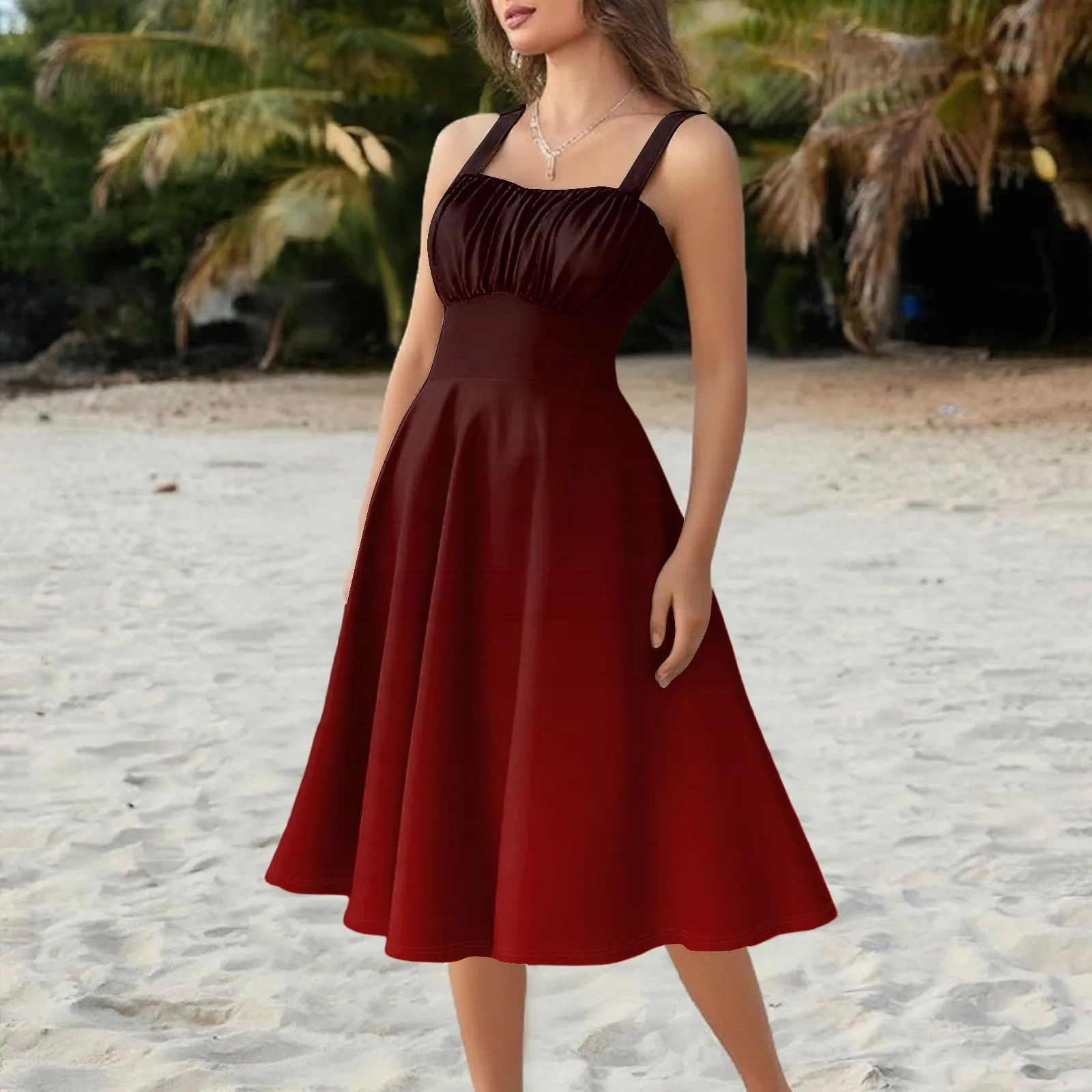 Women'S Vintage Sleeveless Pleated Patchwork Cute A-Line Hem Gradient Printed Dresses Vestidos Mujer Veranoa 2025 Women Clothing