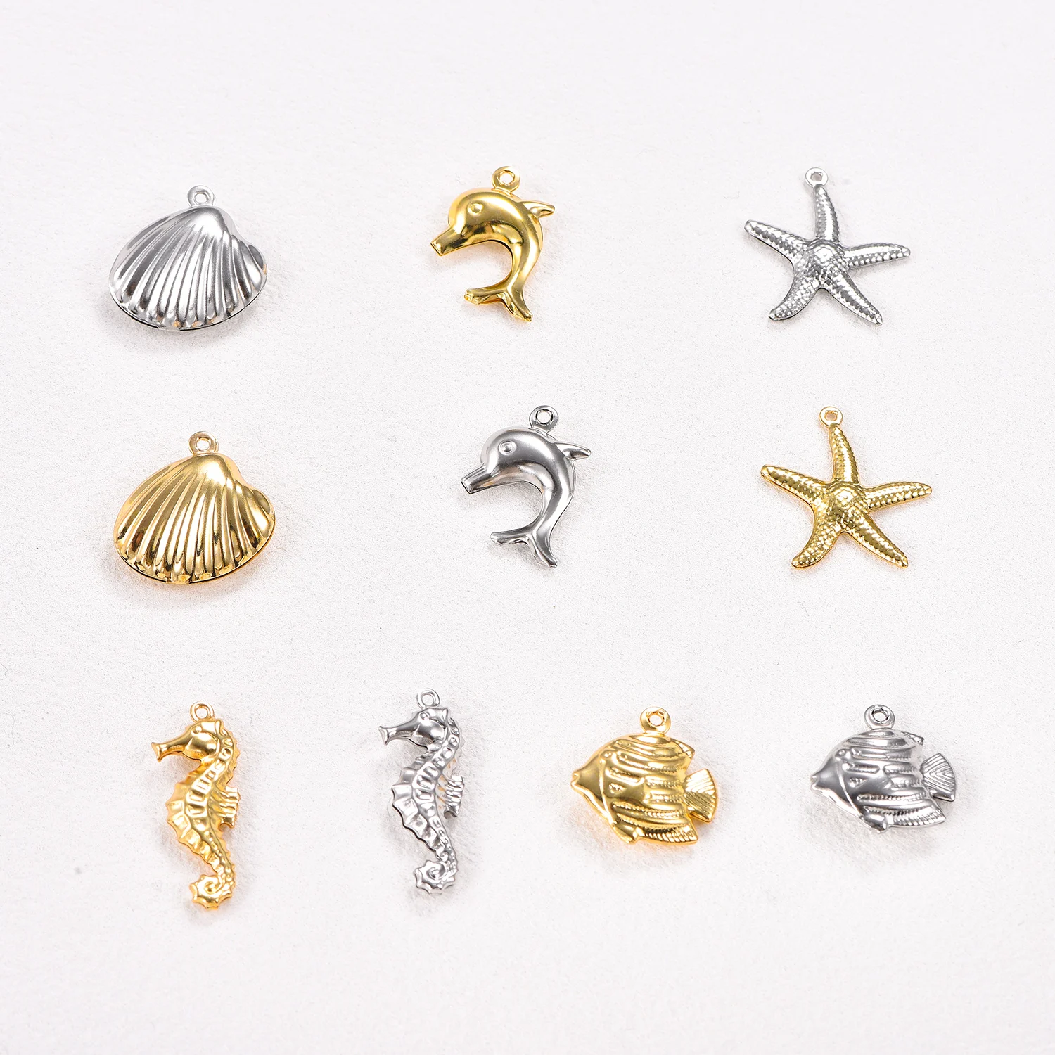 10 Stück Edelstahl-Anhänger Delfin, Seestern, Muschel, Komponenten für die Schmuckherstellung, Tier-Schmuck, DIY-Zubehör, Großhandel – Detail 1