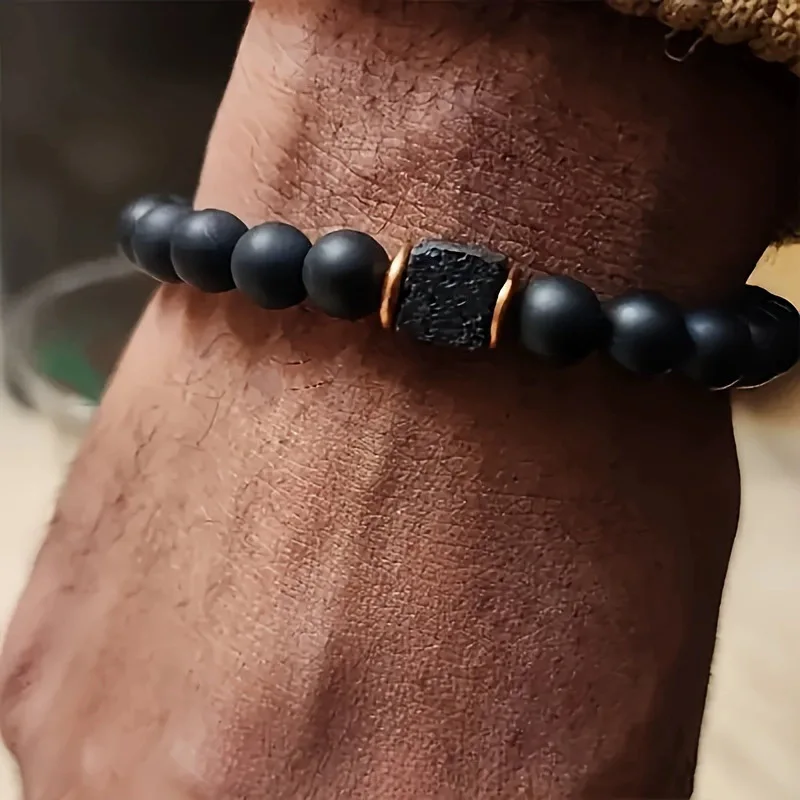 Volcanic stone bracelet with square black agate, trendy jewelry perfect for the modern gentleman, a top gift choice