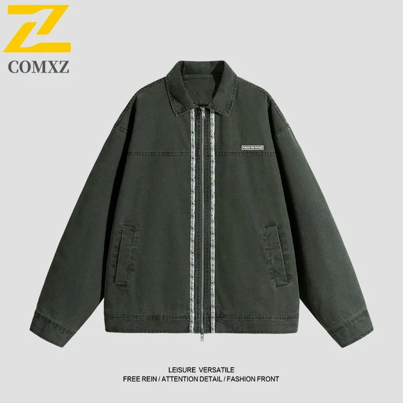 

COMXZ Spring Autumn Streetwear Casual Coat Youth Stand Collar Loose Vintage Washed outdoor sports Jacket lightweight windbreaker