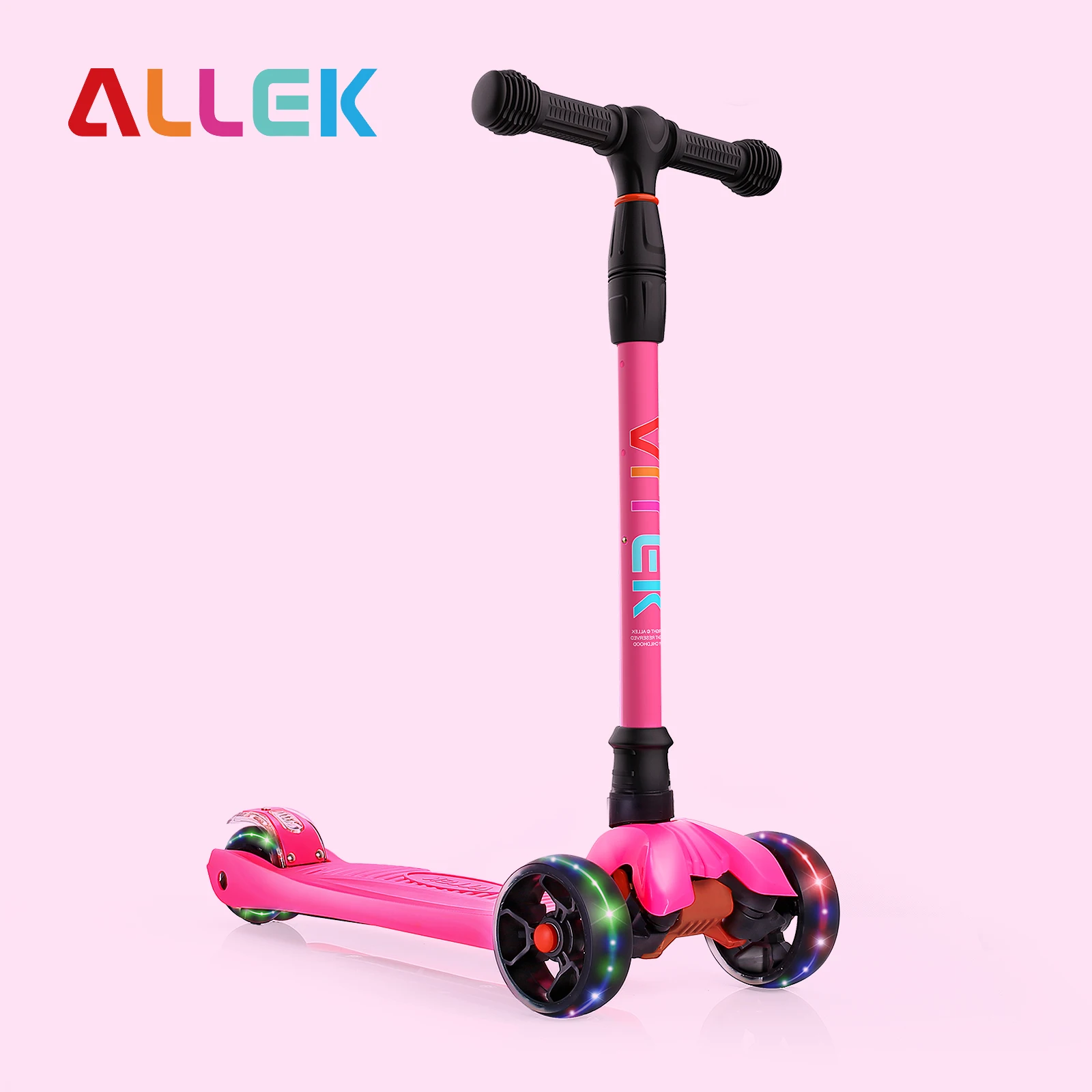 Allek Kick Scooter Pink Children Scooters with Three Flash Wheels 4-Level Adjustable Height for Children 3-12yrs Outdoor Scooter