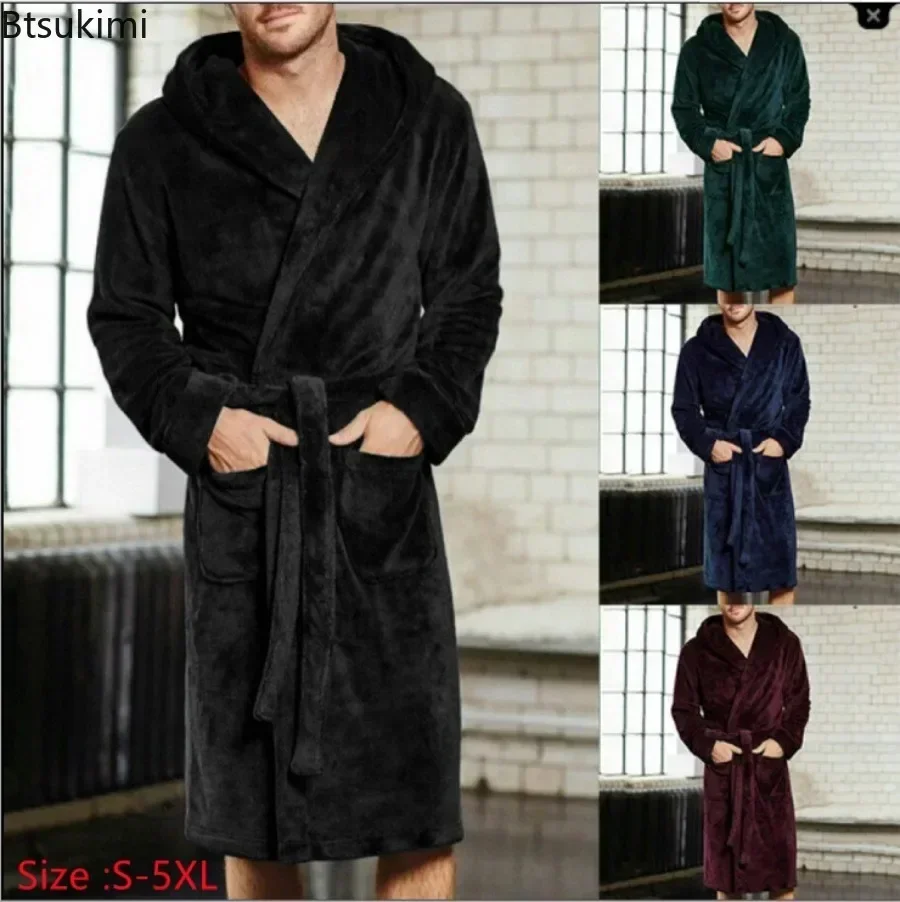 2024 Men\'s Warm Flannel Bathrobe Winter Casual Robes Sleepwear Long Sleeve Plush Shawl Male Bath Robe Lounge Nightgown Homewear