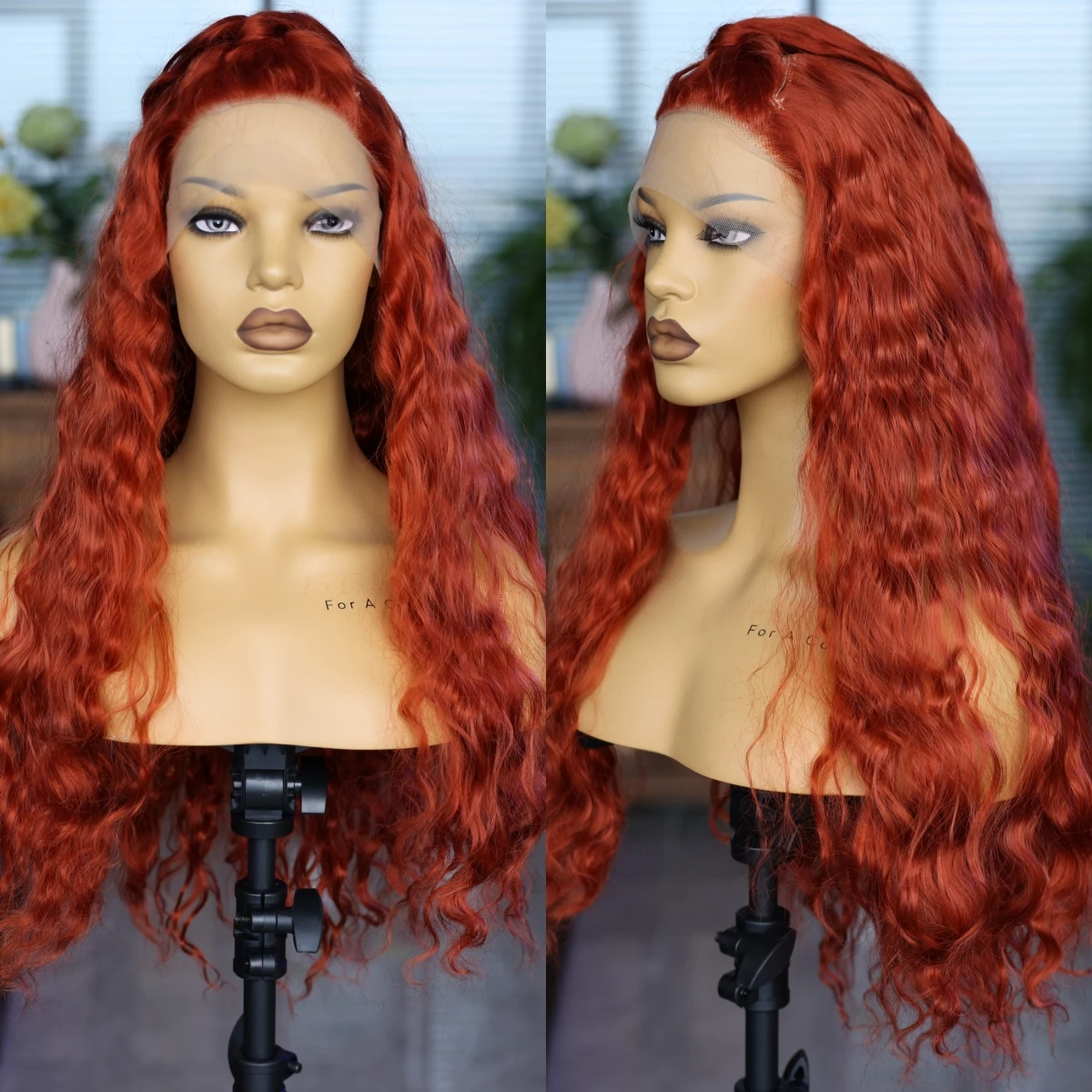 Orange-Red Synthetic Goddess Wig Cosplay Party Travel Long Curly Women's Front Lace Wig Fluffy High Temperature Resistance