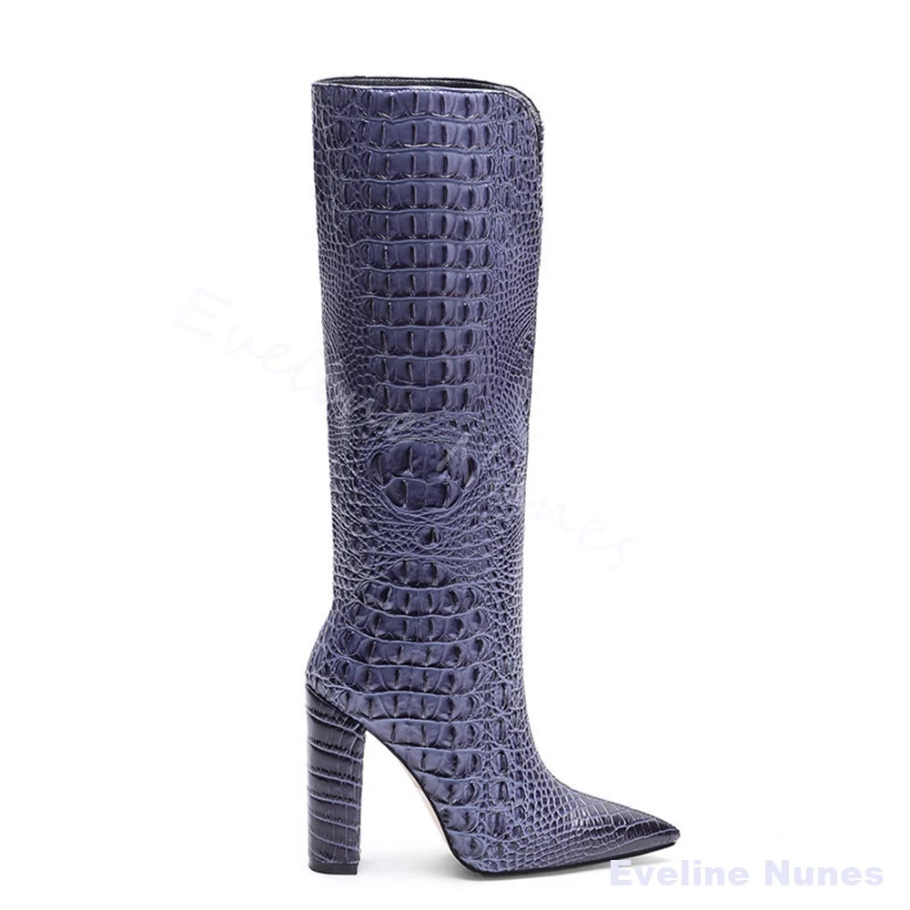 Crocodile-Patterned Leather Boots Women Pointed Toe Chunky Heel Plus Size Slip On Knee High Boots 2026 High End Runway Long Boot