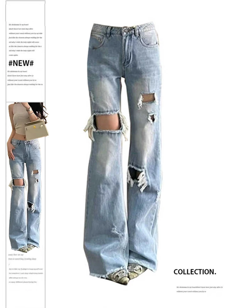 

Women's Blue Ripped Jeans Harajuku Y2k Aesthetic Streetwear Baggy Straight Denim Trousers Wide Jean Pants Vintage Trashy Clothes