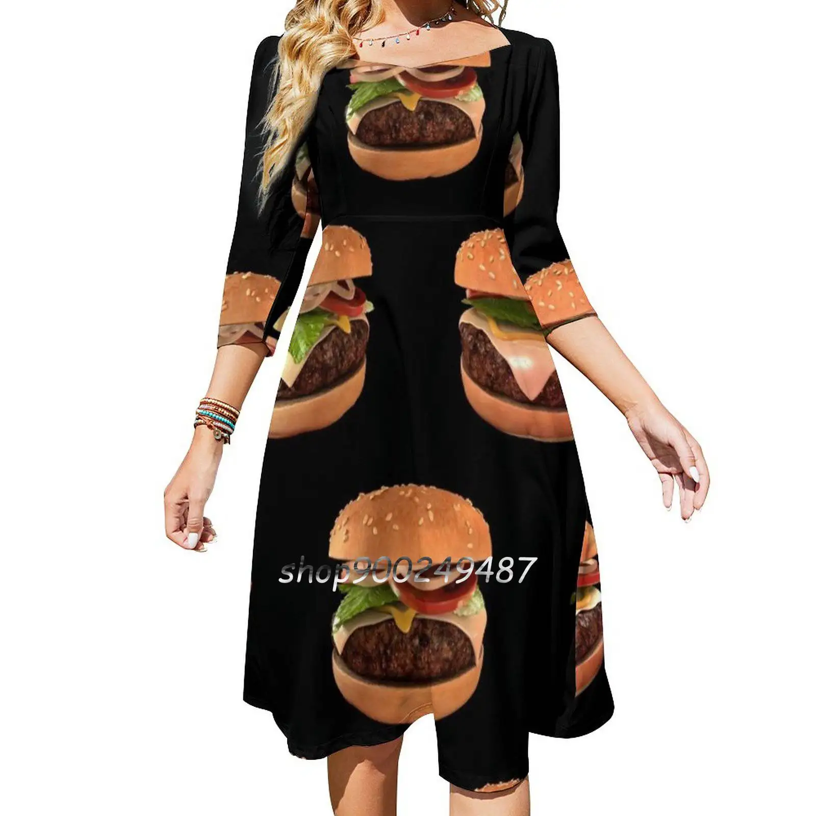 

Big Hamburger Cheeseburger Fast Food Art Sweet Elegant Dress Women Korean Kawaii Square Collar Dress Big Hamburger Cheeseburger