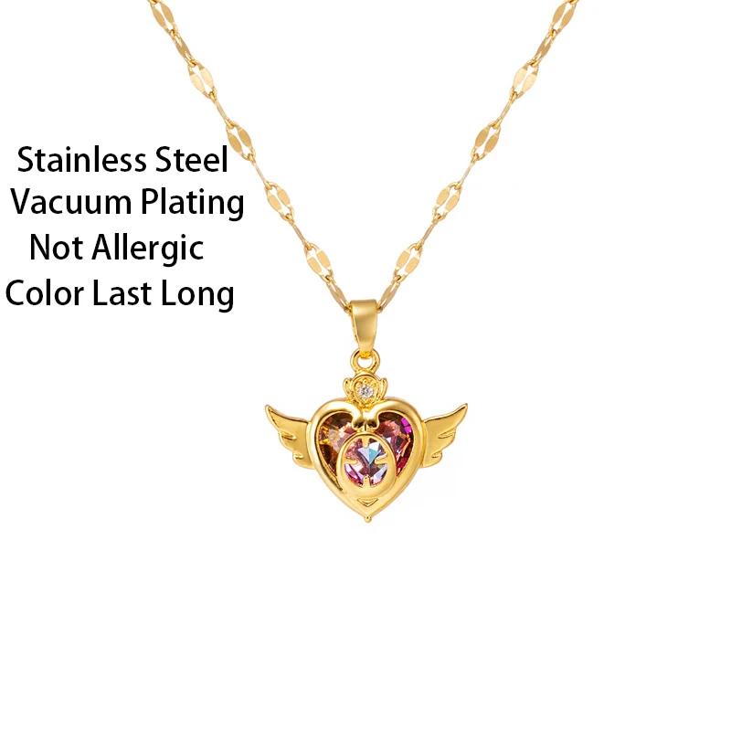 Design Sense Colorful Crystal Angel Wings Love Heart Women Necklace Korean Fashion Female Stainless Steel Clavicle Chain Jewelry