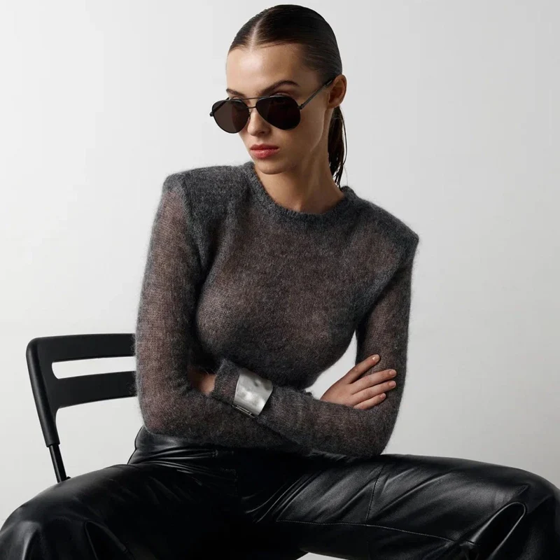 MSCSZ Black See-Though Knitted Sweater Women Fall Thin Mohair Wool Sweater For Women Pullovers O-neck Long Sleeve Top Y2K