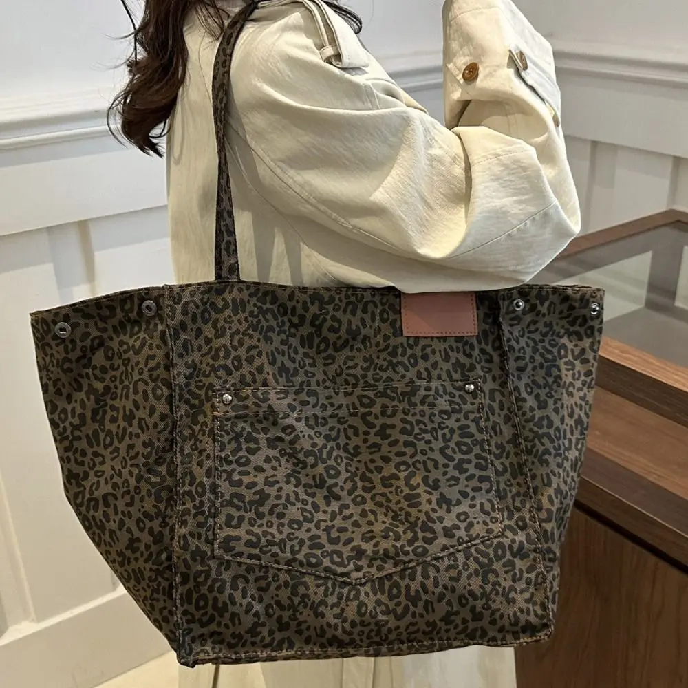 Canvas Material Canvas Tote Bag Leopard Pattern Large Size Shoulder Handbag Shoulder Strap Big Capacity Handbag Shopping Use