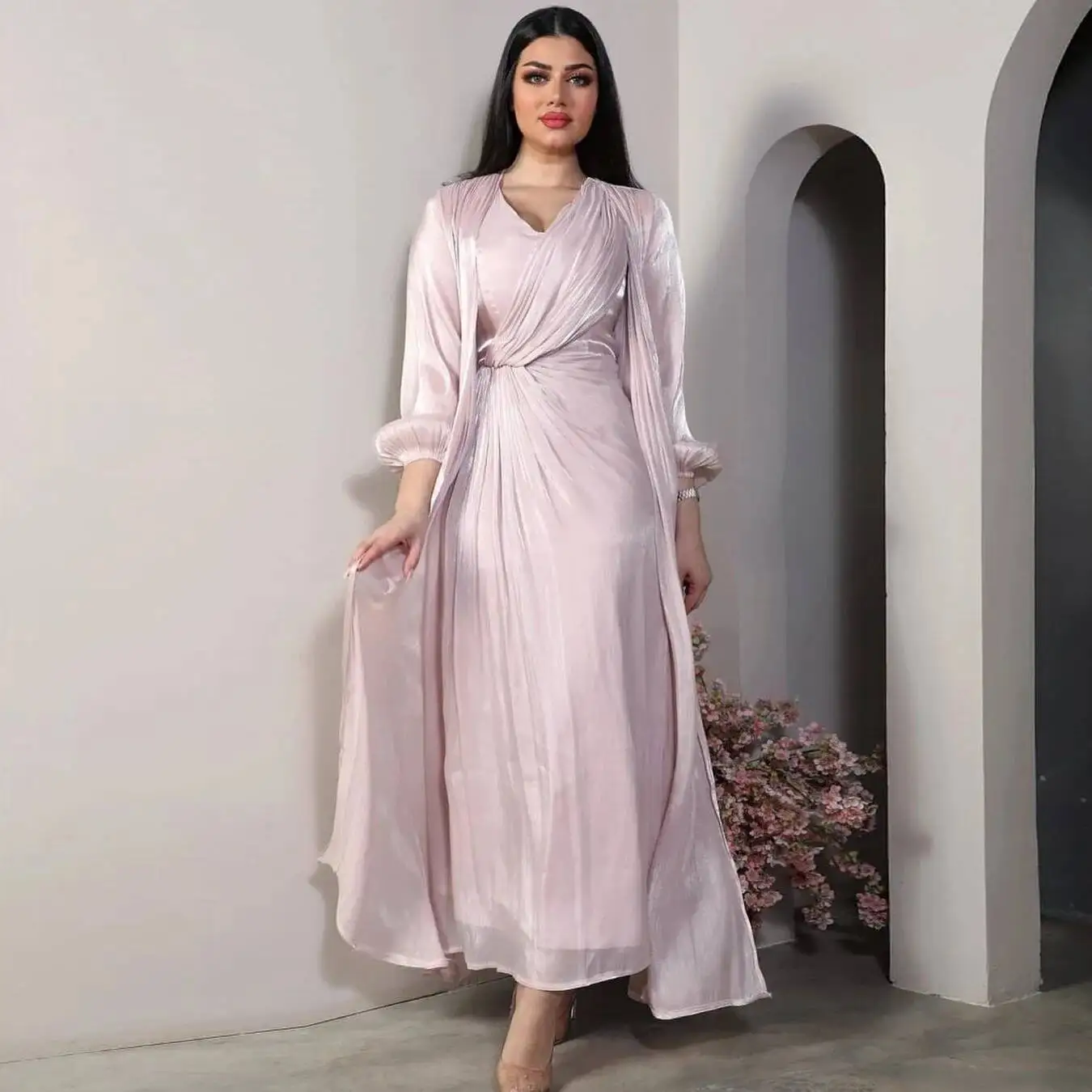 

Mq056 Modest Bright Silk Dress Dubai Türkiye Gown Fashion Abaya Soft Two-piece Set Robe Abaya Ramadan Dubai Luxury Islam Elegant