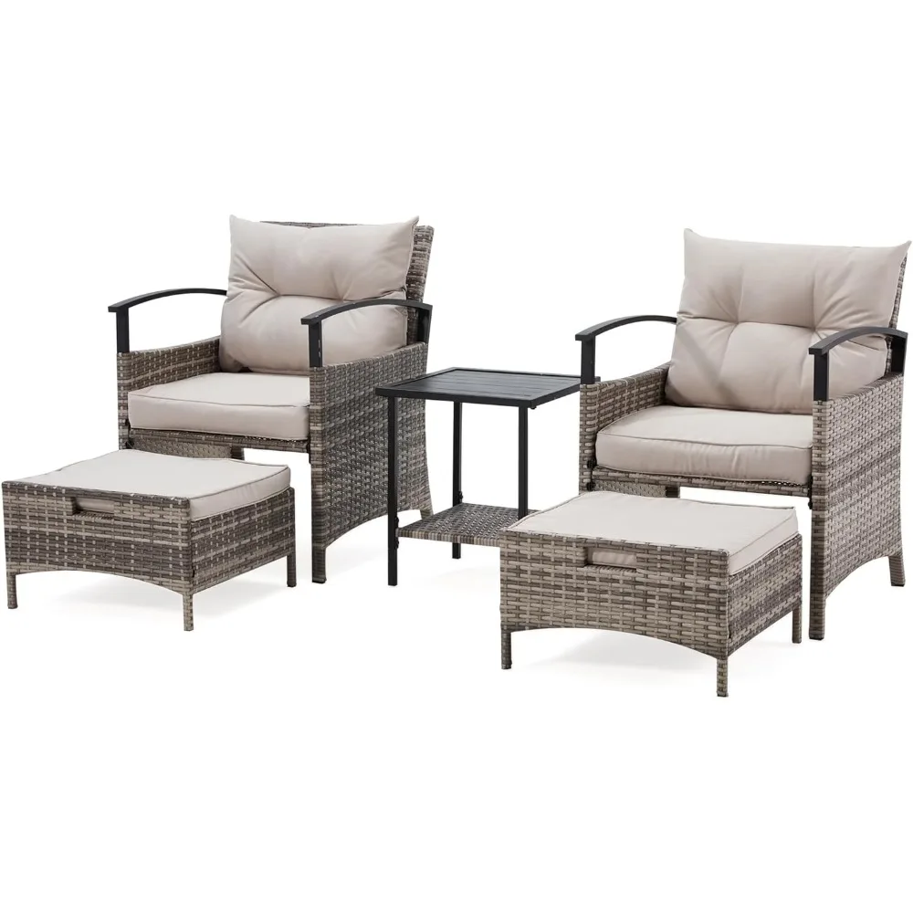 

ECOTOUGE 5 Pieces Patio Furniture Set, Outdoor Wicker Chairs with Pull Out Ottoman & Metal Coffee Table, Rattan Conversation Set