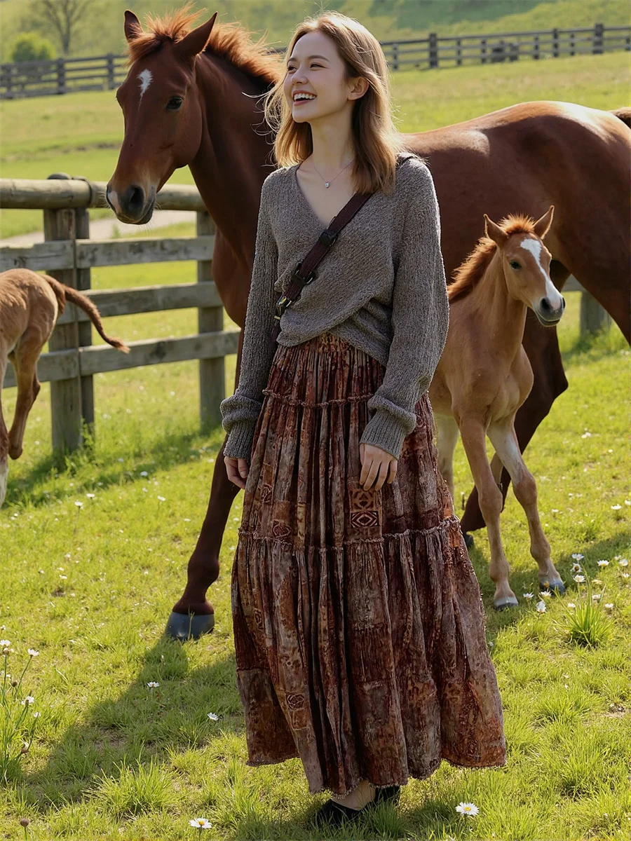 

Длинные юбки с винтажным принтом, женские атласные миди с эластичной резинкой на талии и поясом, плиссированные однотонные шикарные струящиеся многослойные сетчатые элегантные рюши