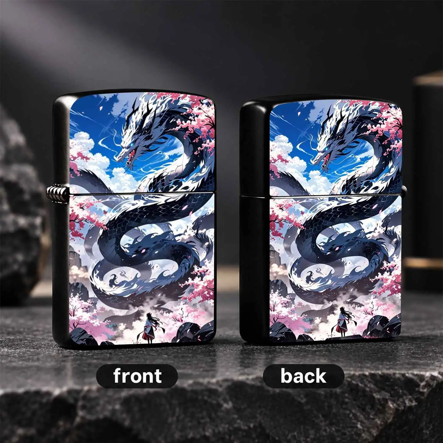 Anime Style Eastern Style Dragon Print Windproof, Sakura Oriental Mystical Black White Dragon Pattern , Durable Scratch Resistant Collectible Gift For Anime Lovers, Edc Pocket Accessory For Dragon Year Souvenir A Fun And Humorous Lighter