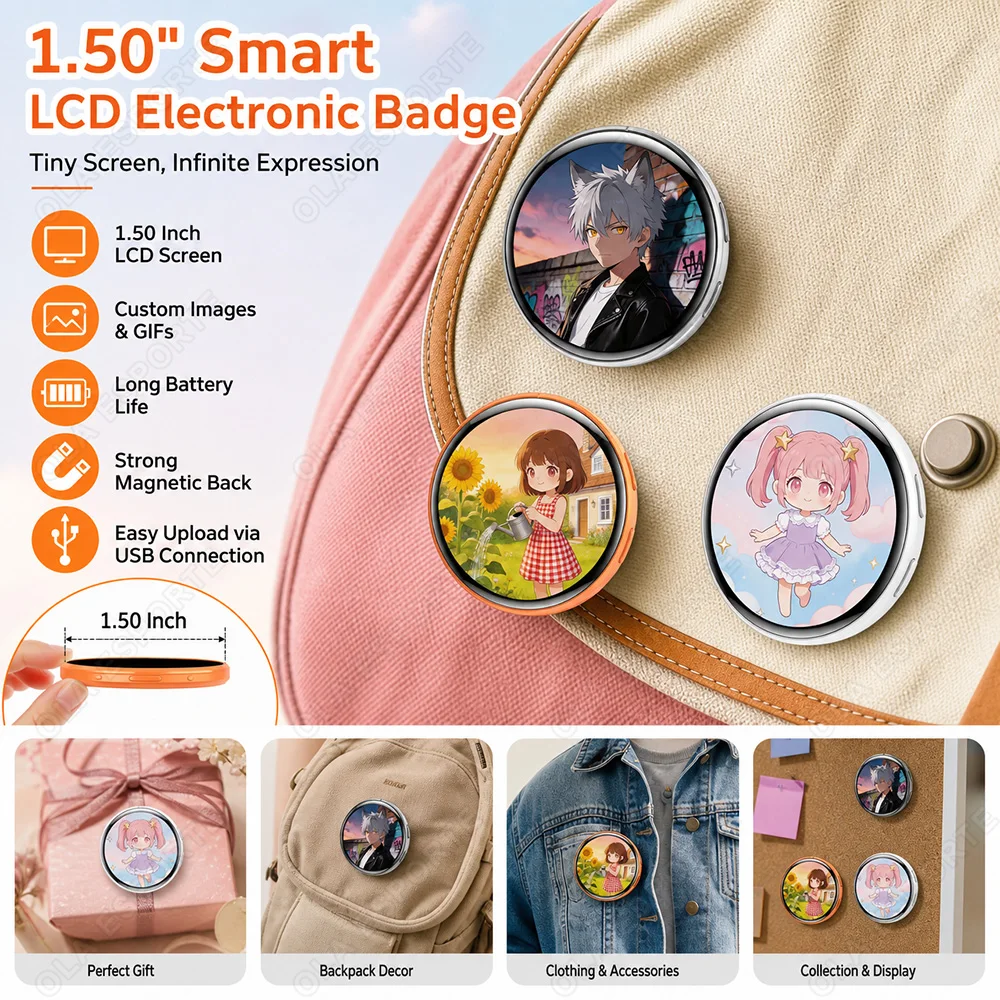 Anime Digital Badge, Anime Style Digital Pin with Photo, Video Display, HD Touchscreen E-Badge, for Party, Cosplay, Fandoms Bw01