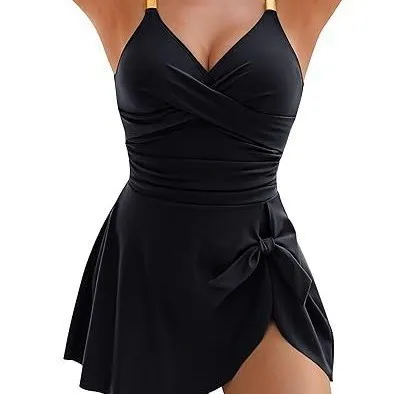 Cute Women Swimdress Tummy Control Sexy One Piece Slim & Comfortable Ruched & Cross Swimwear Elastic Beachwear 2025 New