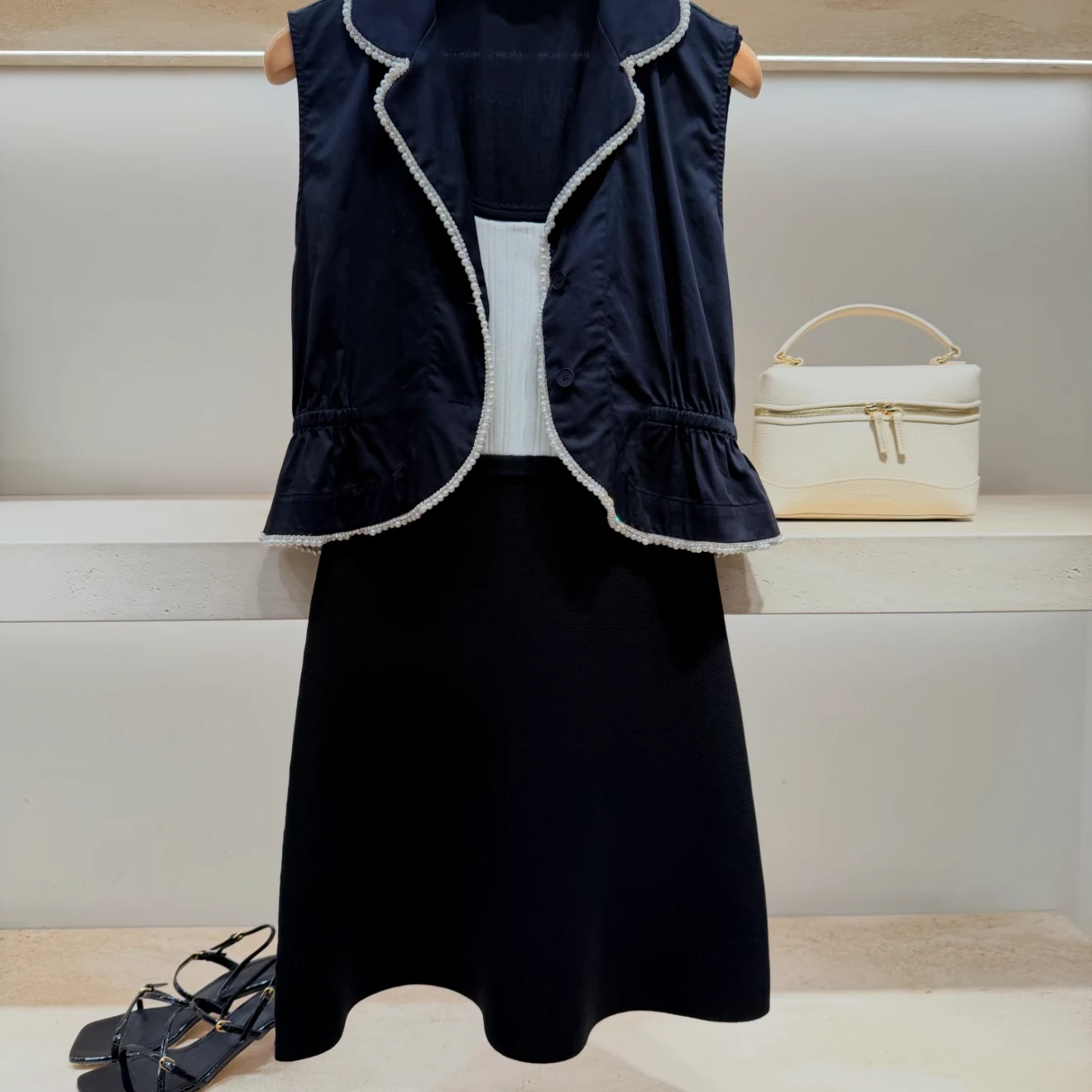 Fashionable Pearl Trim Layered Hem Shirt Top High Waist Midi Skirt Spring Summer New Arrival Women's Cake Skirt No Brand