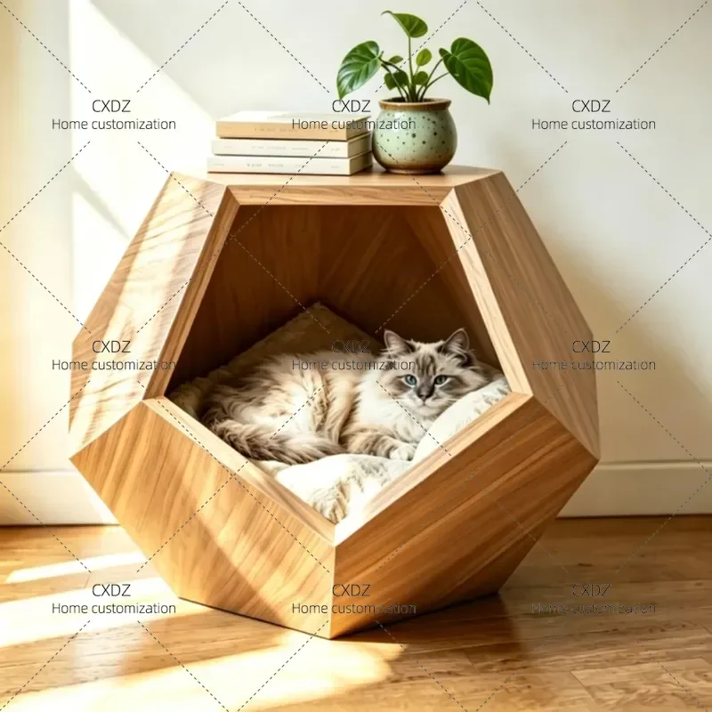 Simple Wooden Cat Litter Box Teddy Bear Shape Multi Purpose Solid Wood Furniture Polygonal Kennel for Living Room Cat House
