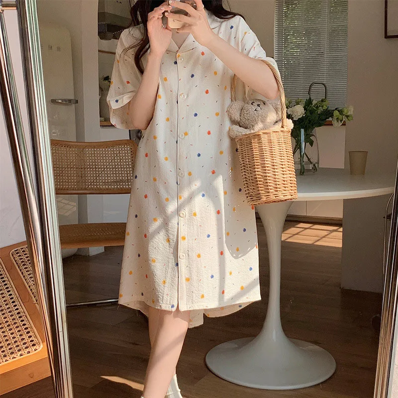 

Summer New Short Sleeved Nightdress For Women Sweet Print Cardigan Thin Female Home Nightgown Casual Loose Mid Length Pajamas