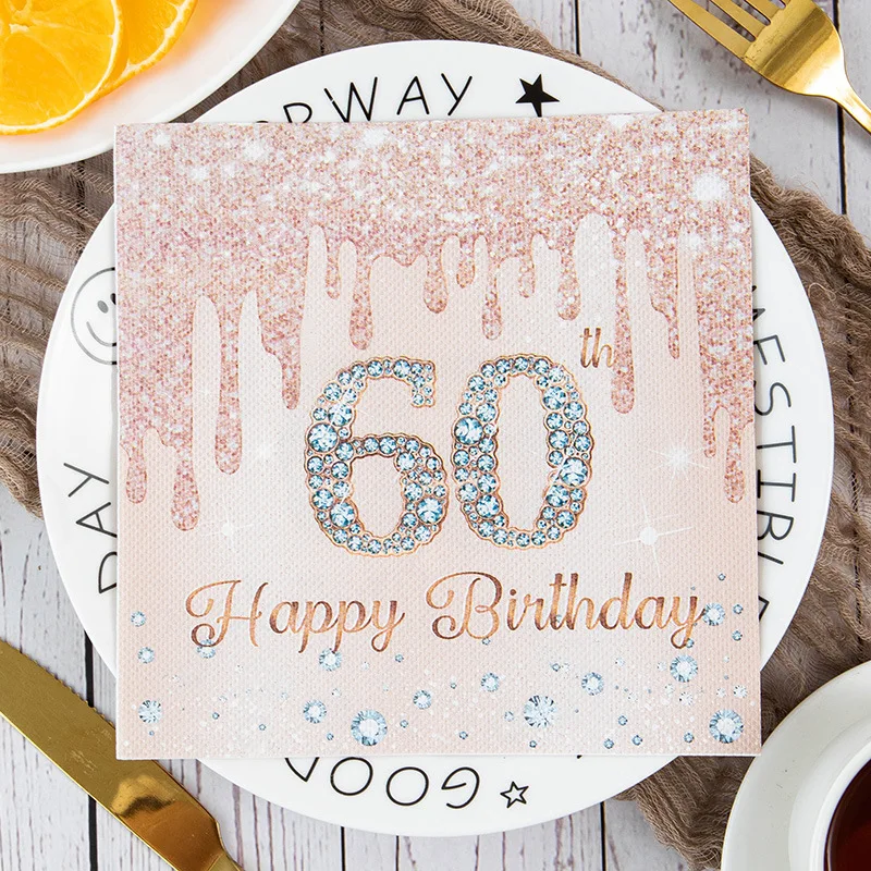 20Pc Rose Gold Number 40th 50th 60th 70th Years Old Disposable Paper Napkins for Women Happy Birthday Party Tissue Decoration