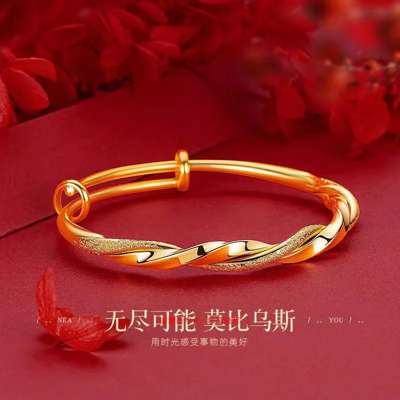 9999 24K Real Gold bangle Niche Premium Twist Push-Pull Half Studded Sand Half Glossy Twist Bracelet for Women Fine Jewelry