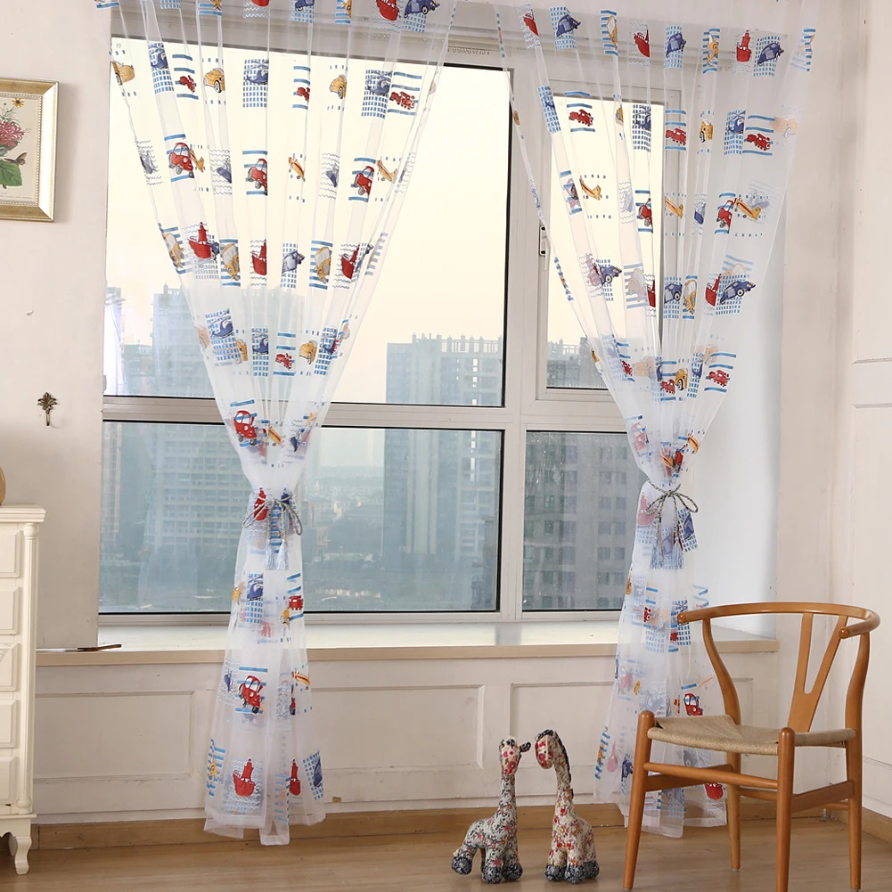 Kids Car Pattern Tulle Sheer Drape Decorative Articles Tulle Voile Drape Panel Lightweight Porch Partition for Room Door Window