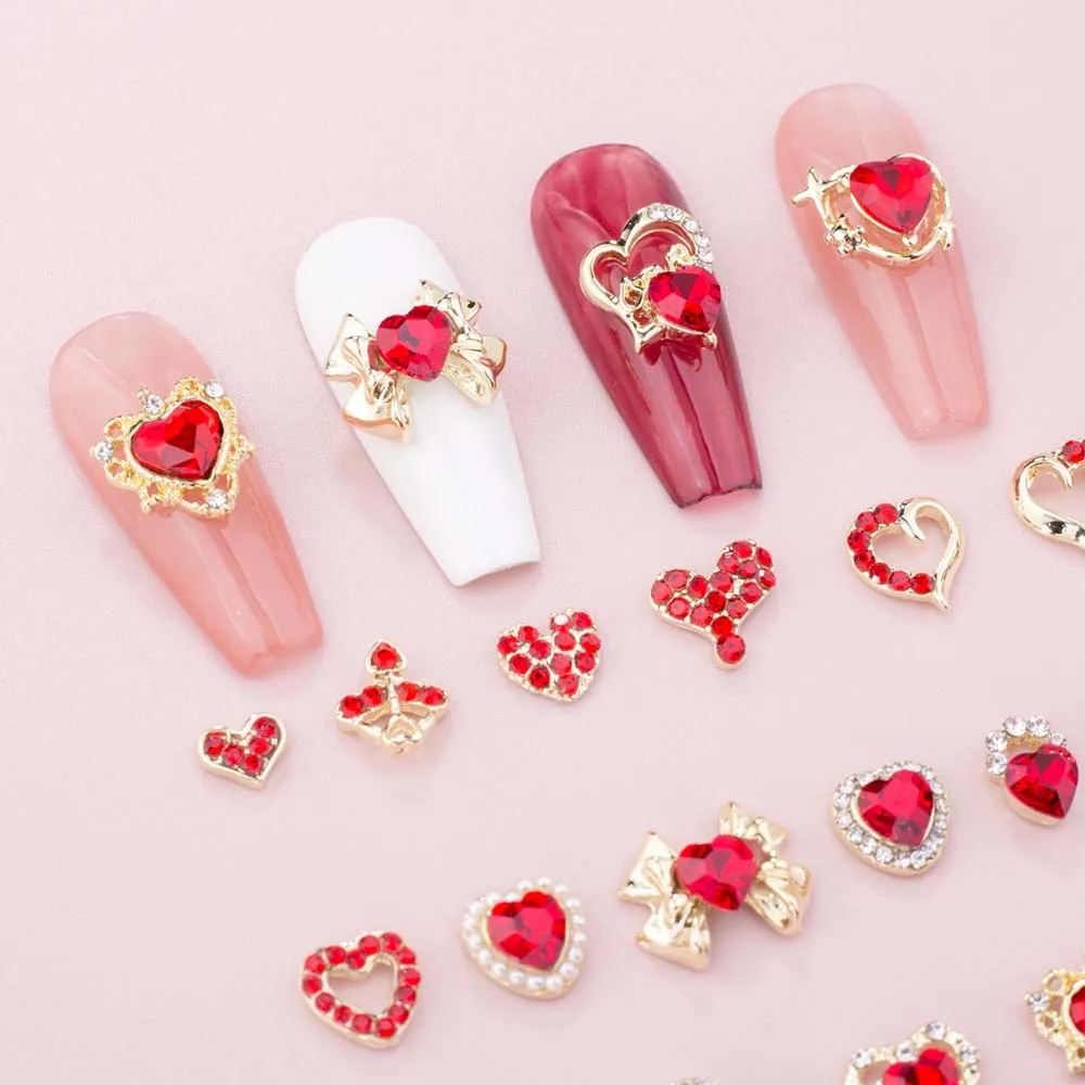 10pcs Valentines Day Design Nail Art Charm 3D Red Heart Gem with Crystal Diamond Nail Decoration DIY Shiny Gem Nail Accessories