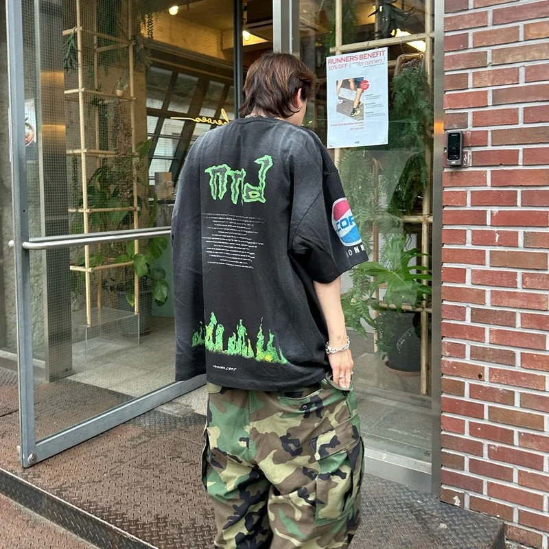 سانت مايكل موضة أفضل جودة 1:1 ملابس الشارع المطبوعة خمر تي شيرت عادية فضفاض بلايز الصيف المتضخم تي شيرت الرجال