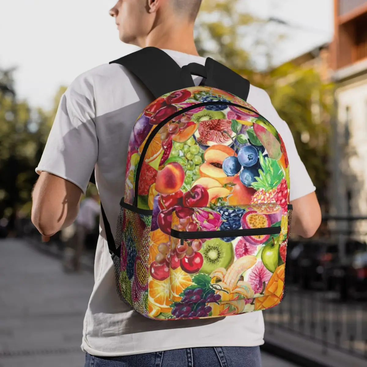Fruit Print With Strawberries Grapes Apples Kiwi Lemon Grapefruit Backpack Student BookBag School Bag Shoulder Bags for Unisex