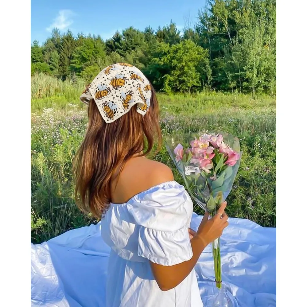 Вязаные крючком банданы для волос с цветочным принтом, платок из 2 предметов, женский шарф для волос, повязка на голову с ромашками, винтажный платок на голову для девочек