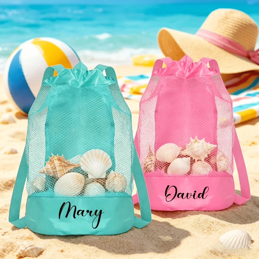 1 Customizable Drawstring Gym Bag with Name, Beach Storage Bag, Large-Capacity Mesh Pockets, Multifunctional Travel Backpack