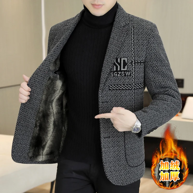 

Блейзер мужской деловой джентльменский корейский свадебный модный шафер, модный, для похудения, повседневный, синельный, флисовый, утолщенный пиджак