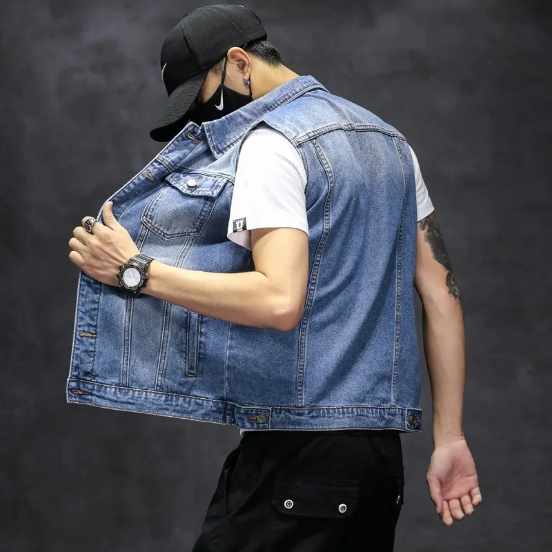 Autumn Men Denim Vest Ins Blue Waistcoat 5XL 6XL Jeans Sleeveless Jacket Motor Cowboy Boys Young Teenagers Plus Size Outerwear