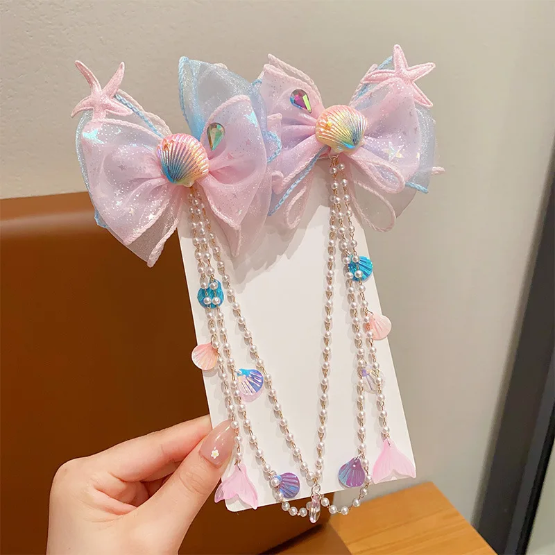 Mermaid Headdress for Children Super Fairy Princess Bow Forehead Chain for Girls Fringe Mermaid Mahji Hair Accessories