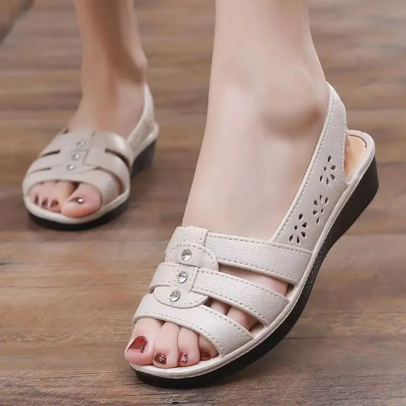 

New Women's Summer Open Toe Hollow Wedges Sandals Soft Sole Non Slip Slip-On Outdoor Mom's Sandals Elderly Sandals