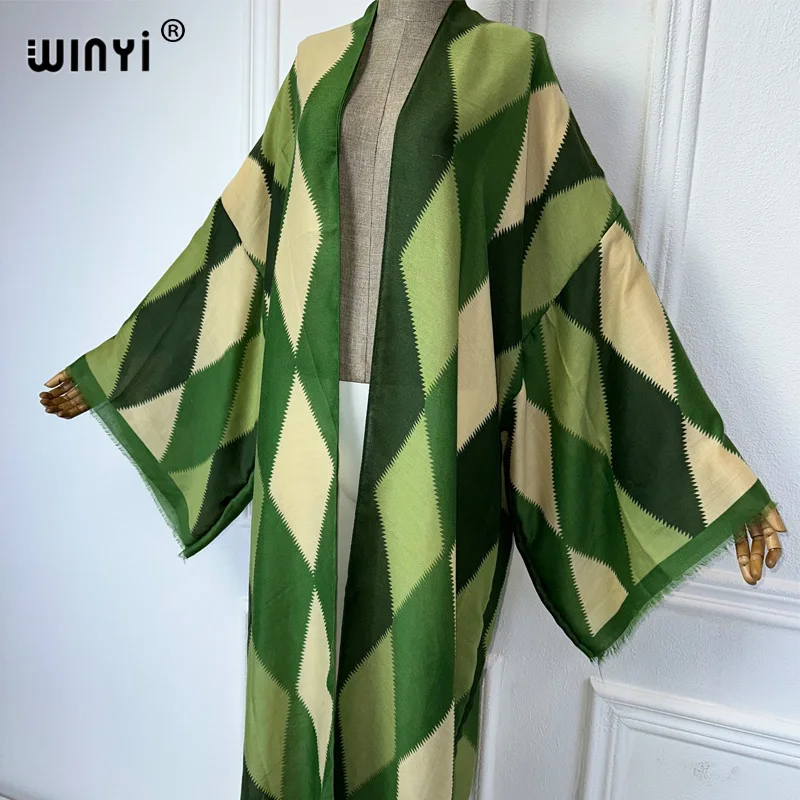 WINYI kimono nadruk geometryczny osłona do bikini elegancki strój plażowy dla kobiet seksowna bawełniana sukienka westidos para mujer kaftan