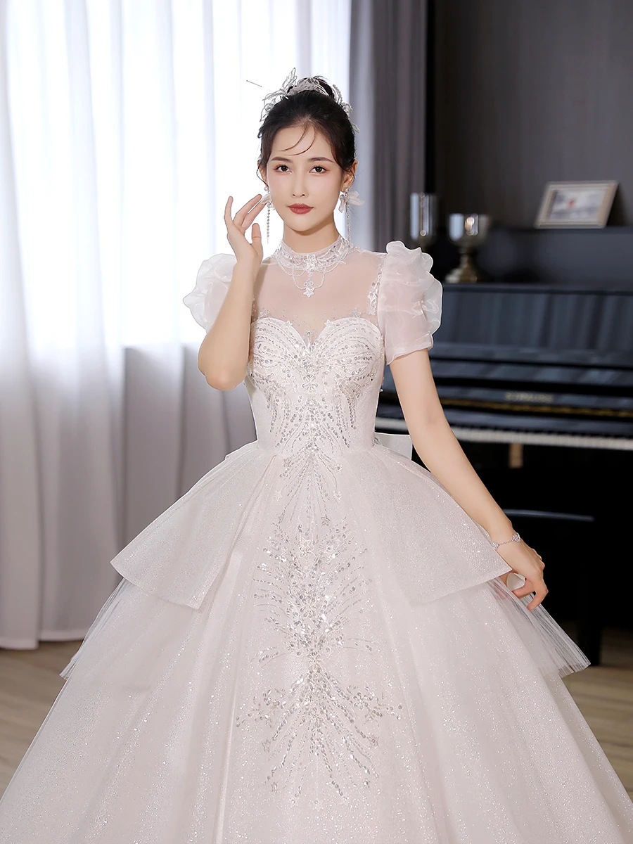 Floor Length Wedding Dresses High Neck Puffy Sleeve Wedding Gowns Shining Luxury Dress Plus Size Vestido Noiva Praia Customized