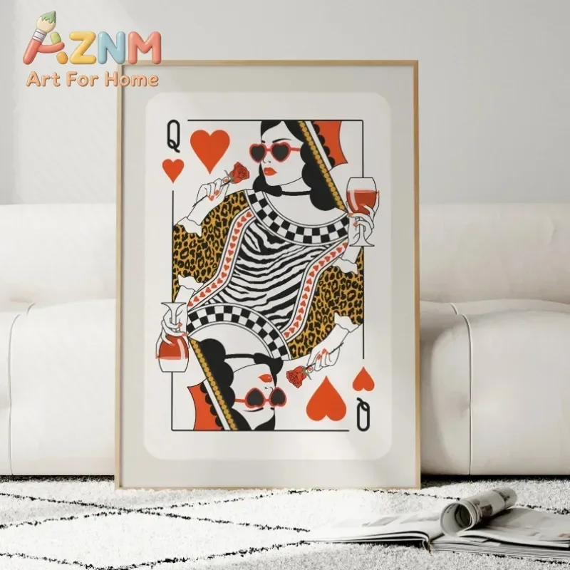 Queen of Hearts Playing Card Poster Trendy Leopard Canvas Painting Gallery Wall Art Bar Cart Girls College Dorm Room Decor Gift