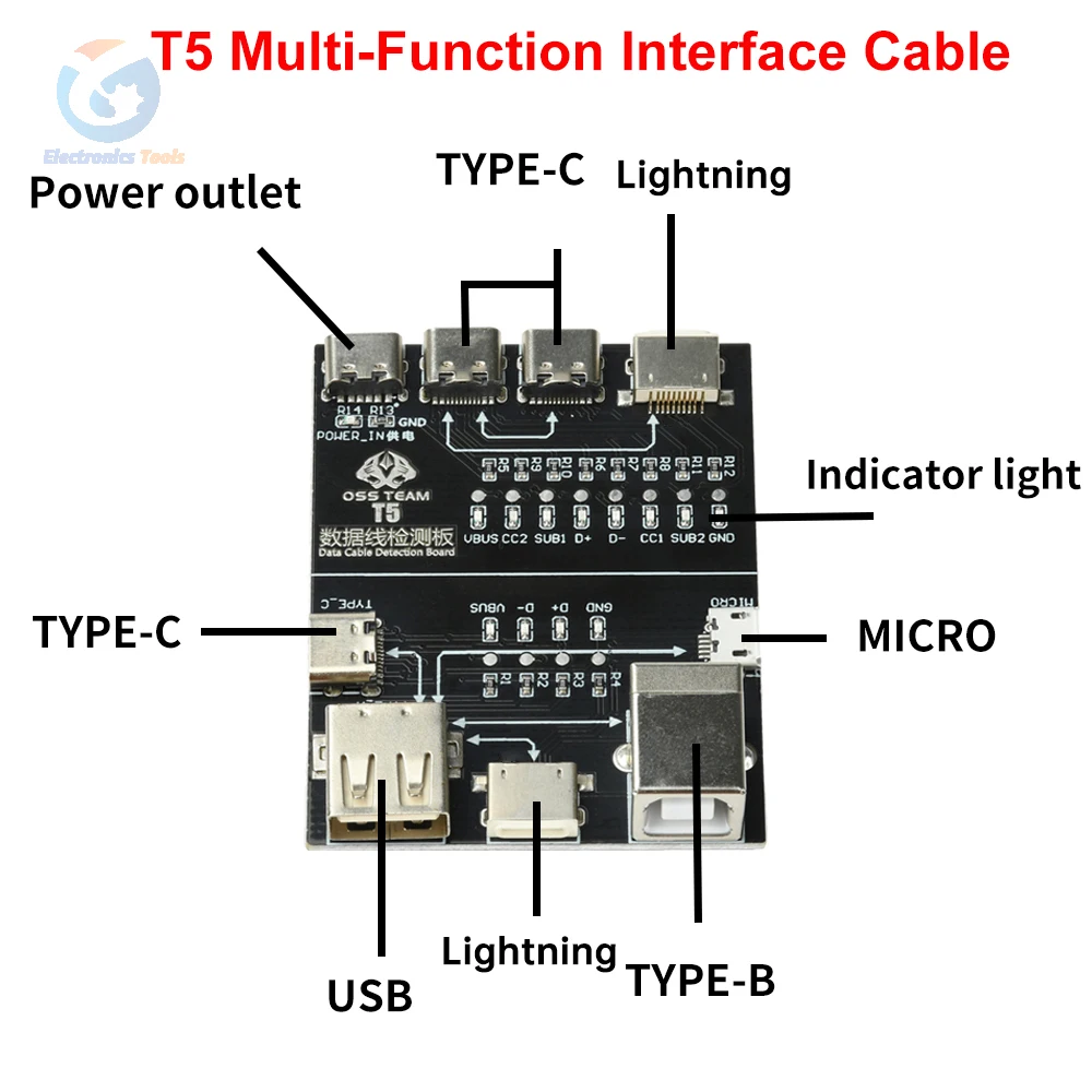 T5 Multi-Function Interface Cable Testing Module Data Cable Test Board Anomaly Detection Rapid Tester Fault Checker Rapid Tester