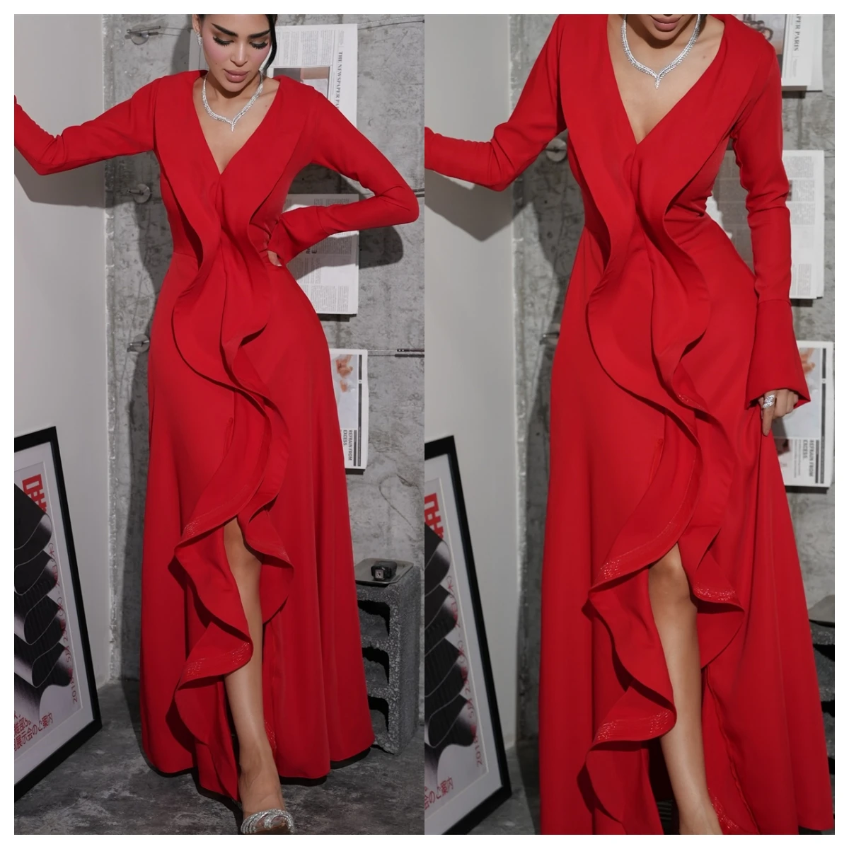 

Customized Delicate Red Jersey Evening Dress V-Neck Long Sleeves Homecoming Dress Special Occasion Gowns Temperament Soft