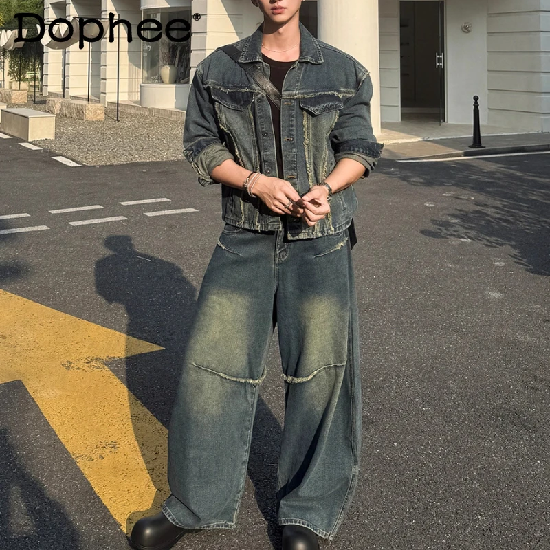 

Men's 2025 Autumn New 2pcs Masculinity Retro Design Fashion Denim Jackets Pants Two-Piece Sets Handsome Stylish Trousers Sets