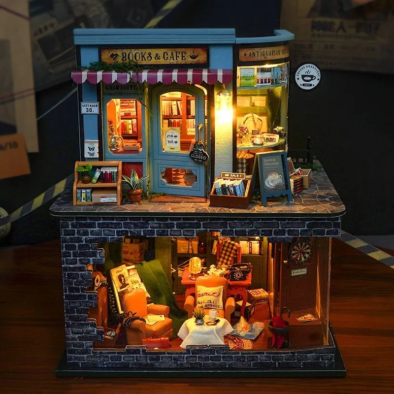 DIY Wooden Book Cafe Detective Studio Figurines Miniatures Bookend Assembled Houses for Friends Birthday Gifts Home Decoration