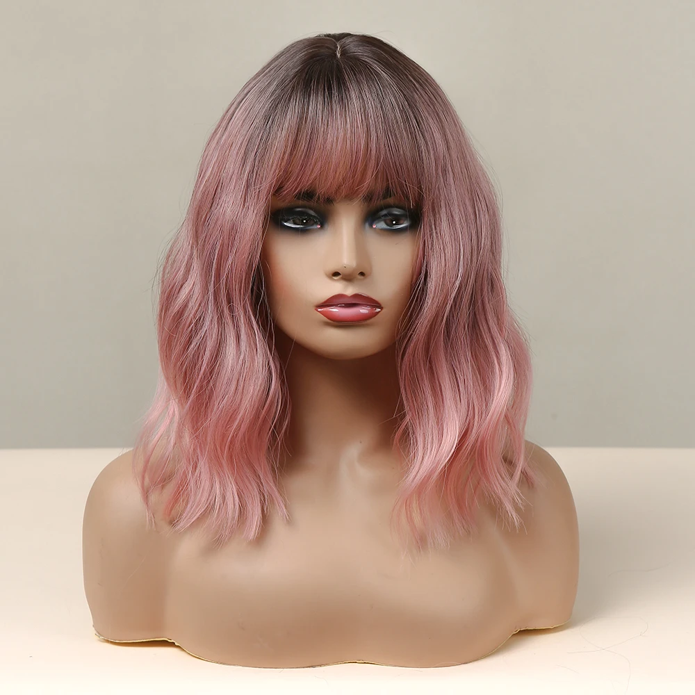 Brown Black to Pink Ombre Short Curly Bob Synthetic Wig with Bangs for Women Heat Resistant Natural Daily Lolita Cosplay Hair