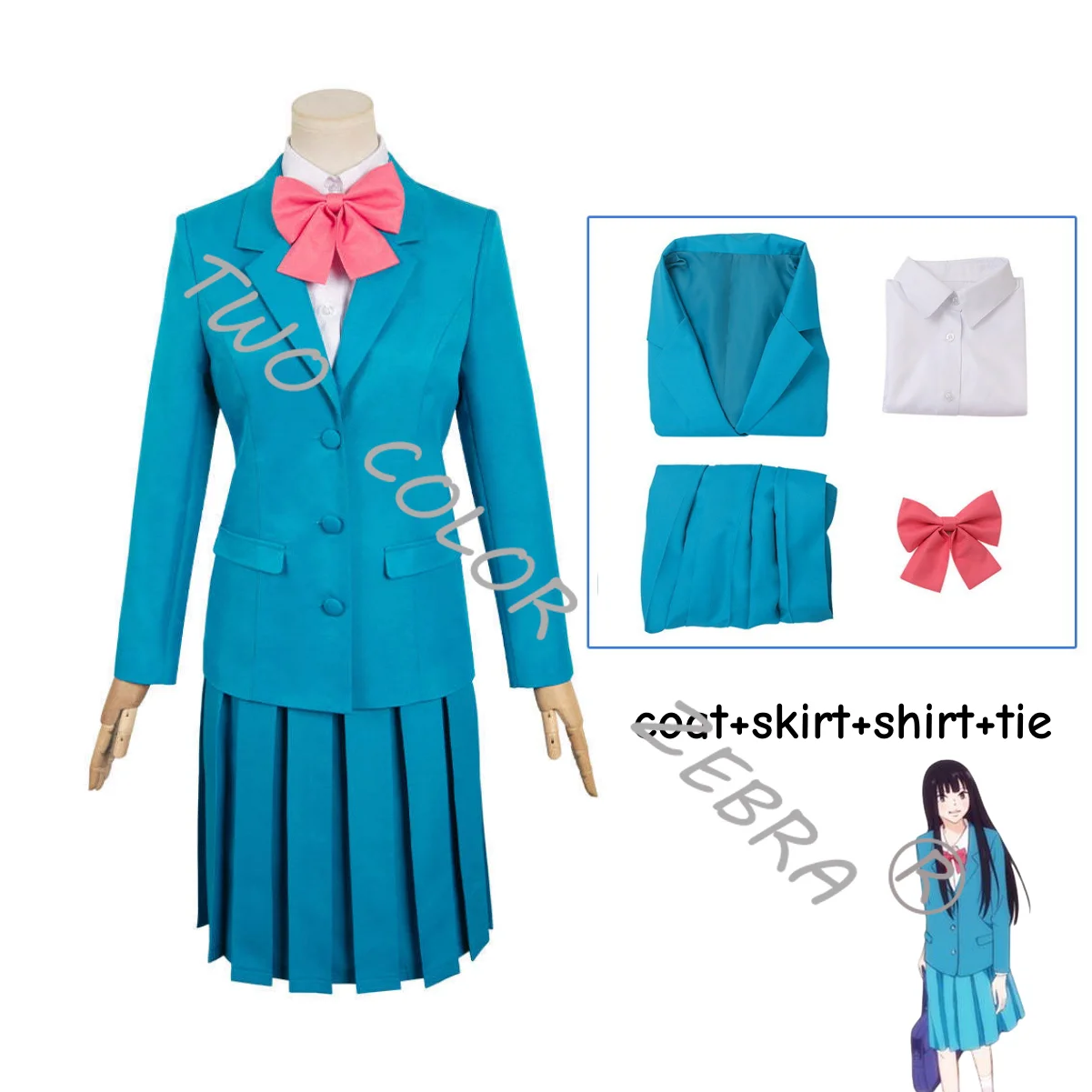 Sawako Kuronuma Cosplay School Unifrom Costume Anime Kimi Ni Todoke From Me To You Blue Blazer Shirt Pink Bow Pleated Skirt JK view 5