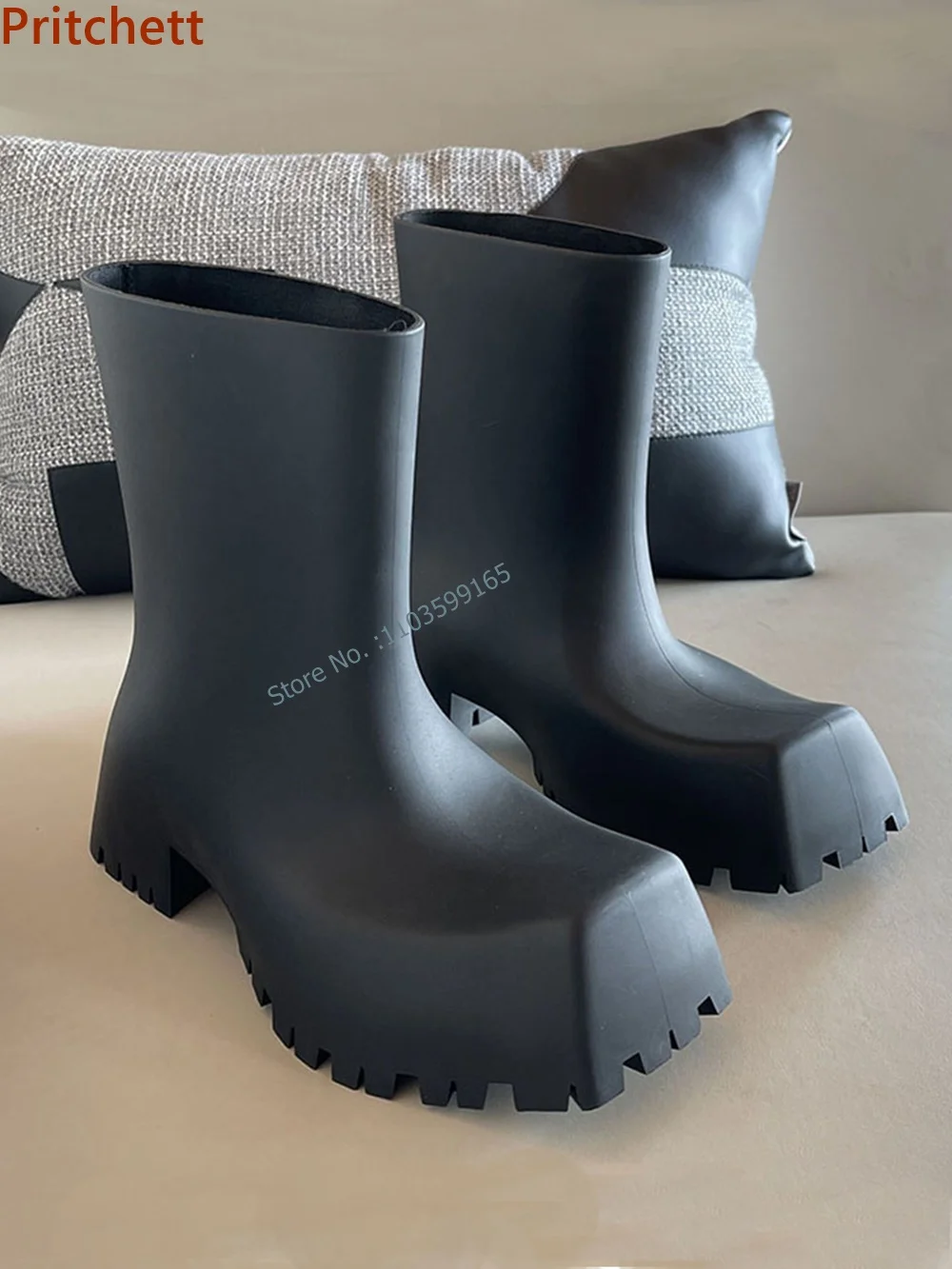 Solid Square Toe Boots Sawtooth Thick Soled Slip On Rain Boots Autumn New Versatile Waterproof Platform Elevated Women Shoes